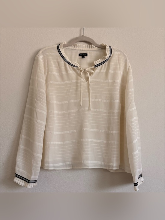 Talbots Tops - Talbots Cream Tie-Neck Long Sleeve Blouse with Navy Trim size L